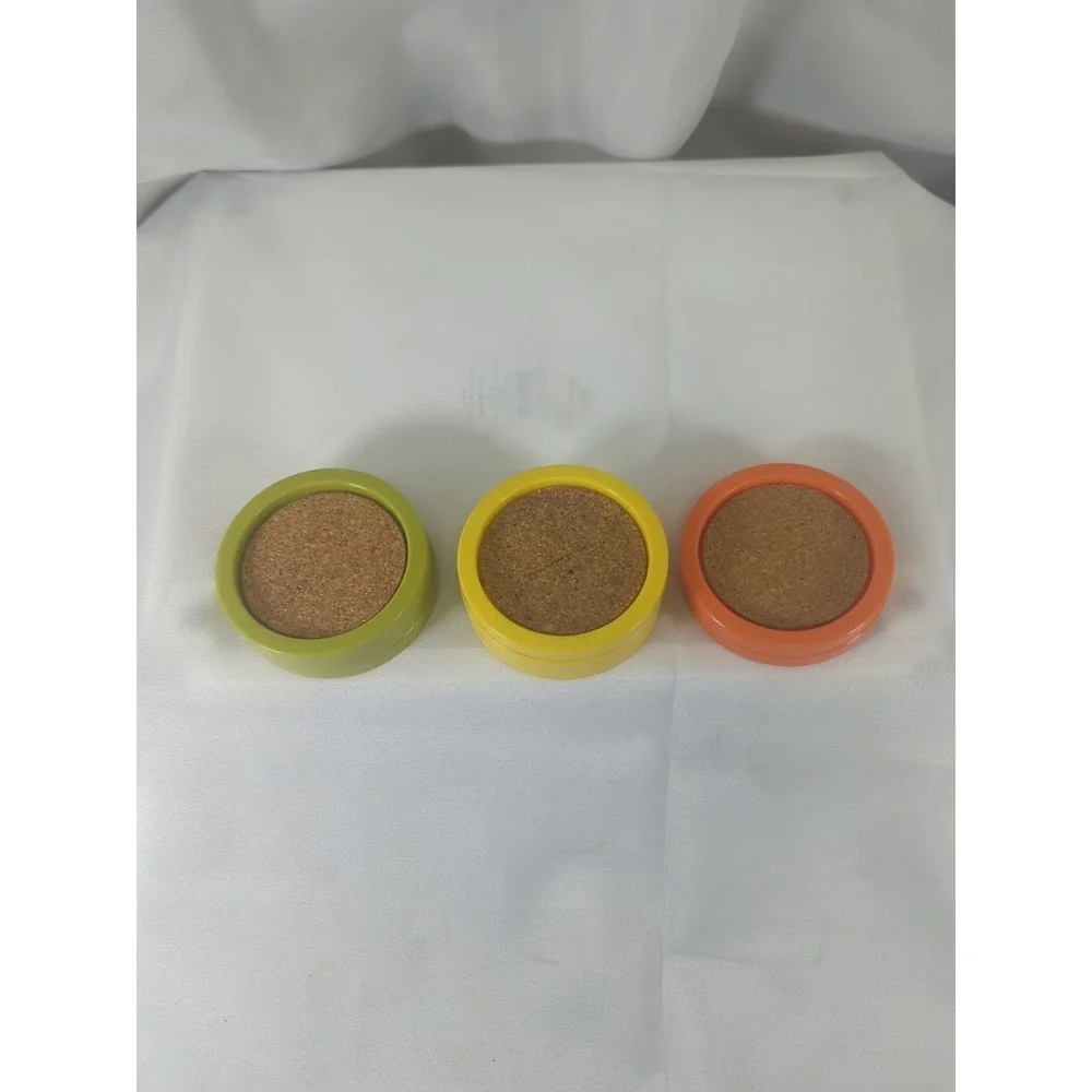 Retro MCM Multi Colored Acrylic Plastic Cork Round Coasters Set Of 8 Made In USA